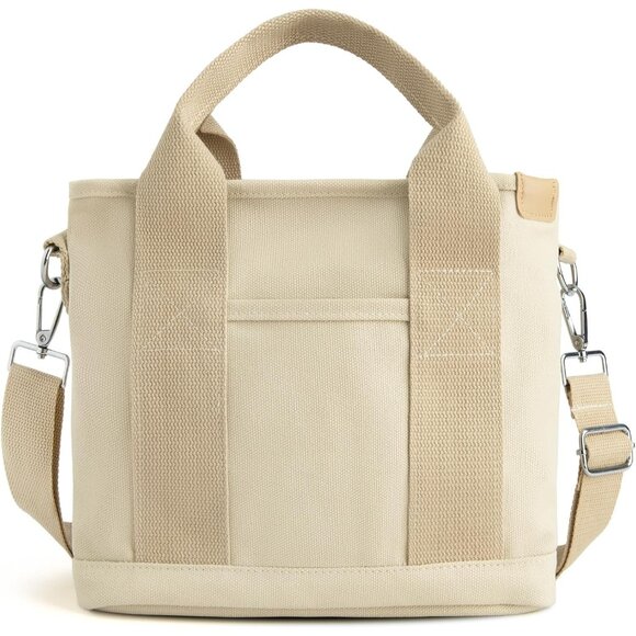 Women's Khaki Canvas Tote Bag With Multi Pockets Mini Shoulder Bags With Zipper - Picture 1 of 6